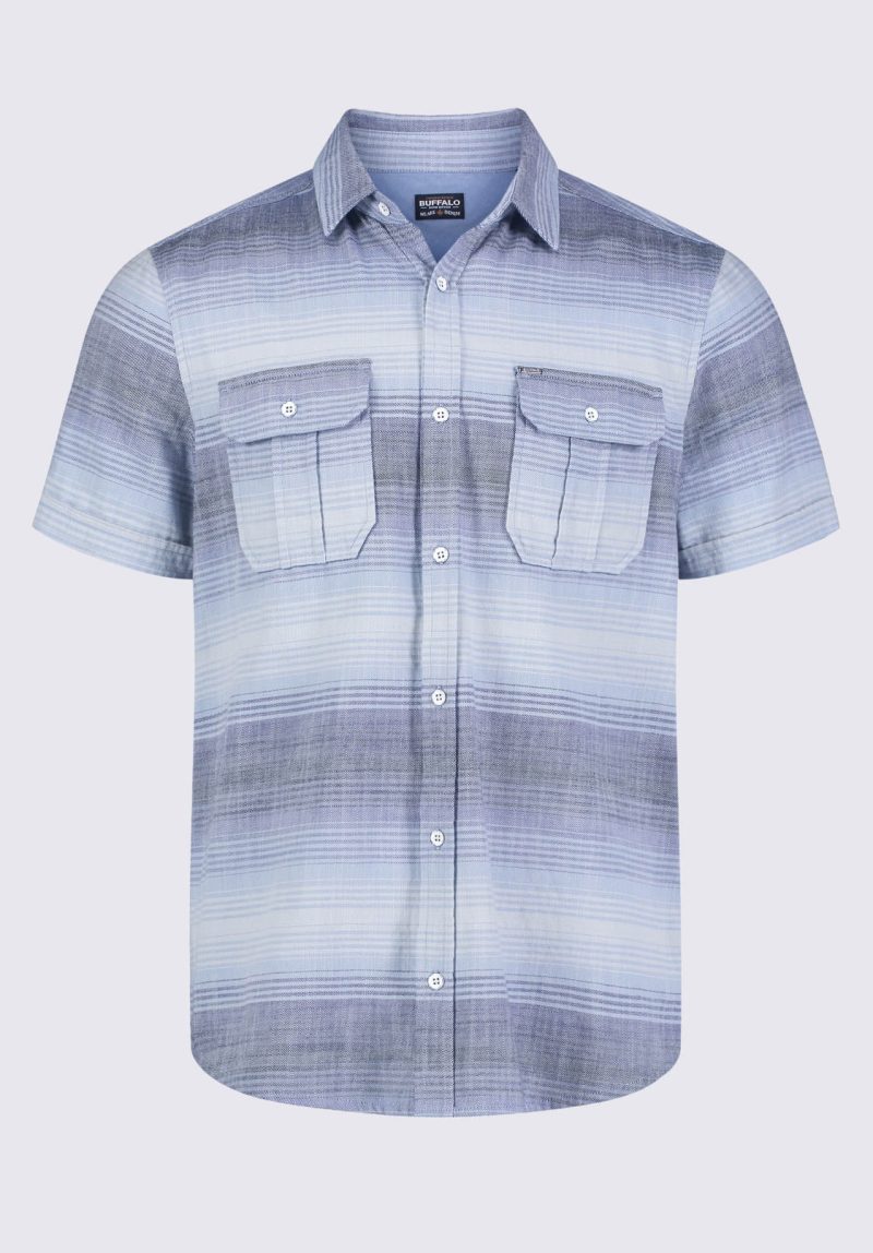 Buffalo David Bitton Siboa Men's Short Sleeve Striped Shirt in Mirage Blue - BM24303 Color