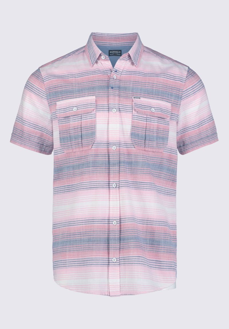 Buffalo David Bitton Siboa Men's Short Sleeve Striped Shirt in Mineral Red - BM24303 Color