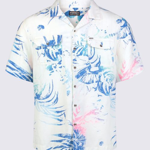 Buffalo David Bitton Salaman Men's Short Sleeve Shirt, White with Blue Print - BM24363 Color