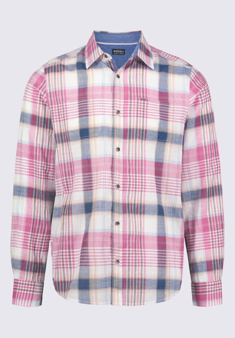 Buffalo David Bitton Sizar Men's Long Sleeve Plaid Shirt, White with Pink and Blue - BM24370 Color