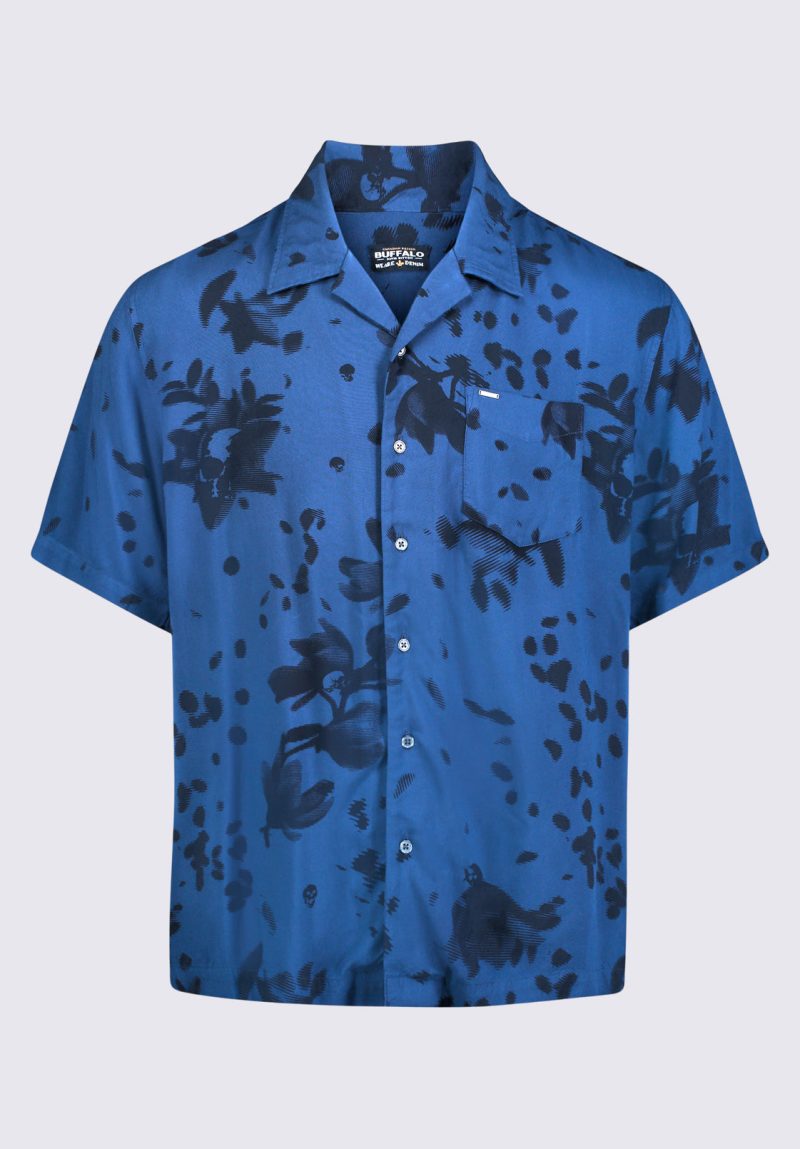 Buffalo David Bitton Sinzo Men's Short Sleeve Shirt, Blue with Black Print - BM24402 Color