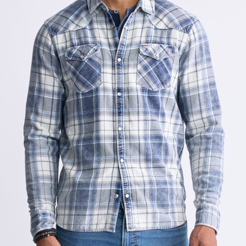 Buffalo David Bitton Sierra Men's Long-Sleeve Plaid Shirt, White & Mirage Blue - BM24465 Color MIRAGE