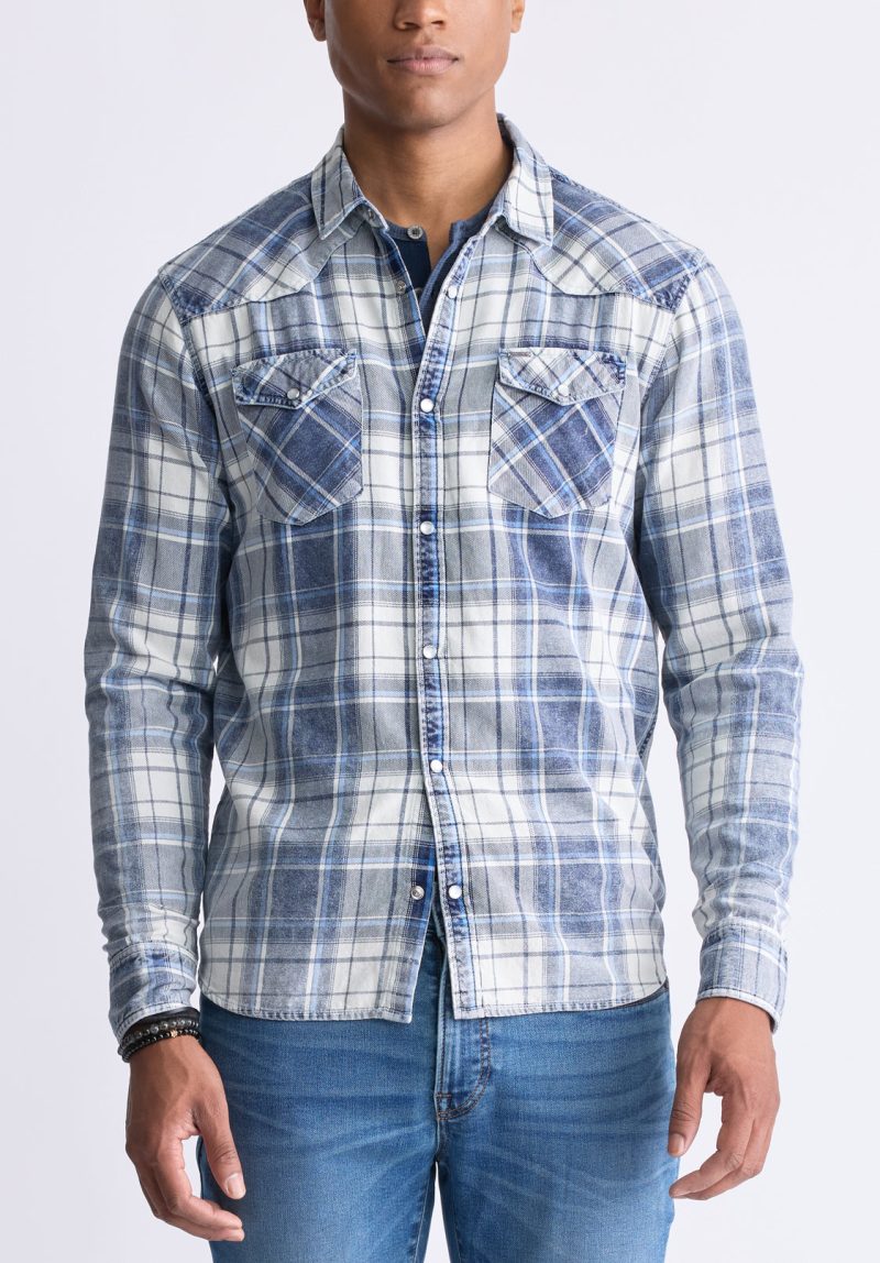 Buffalo David Bitton Sierra Men's Long-Sleeve Plaid Shirt, White & Mirage Blue - BM24465 Color MIRAGE