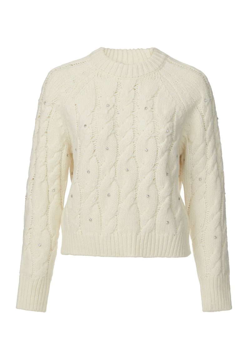 Buffalo David Bitton Magari Ivory Women's Long Sleeve Crewneck Cable Sweater - SW0030H