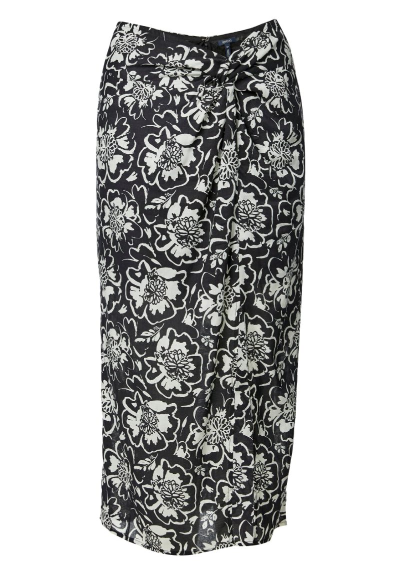 Buffalo David Bitton Salome Black and Cream Flower Print Twist-Front Skirt - WS0002S Color BLACK CREAM FLWR